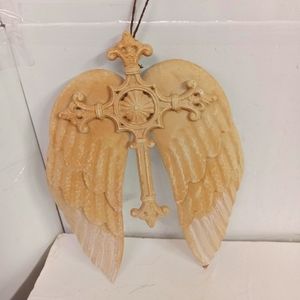 Rustic Cast Iron Cross with Metal Angel Wings 14"×10